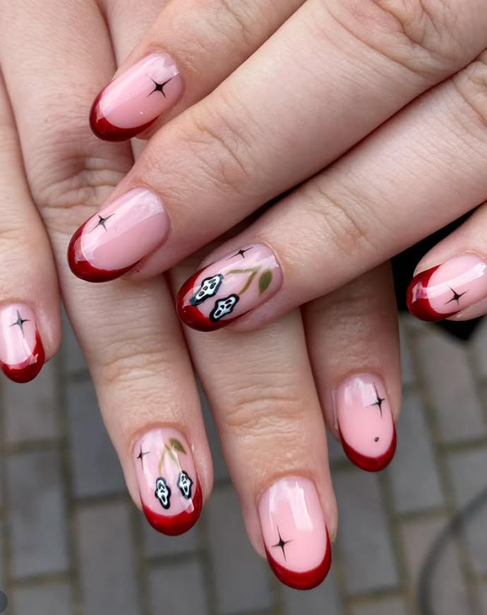 cat eye ghost faces nails cherry red French tip for Halloween