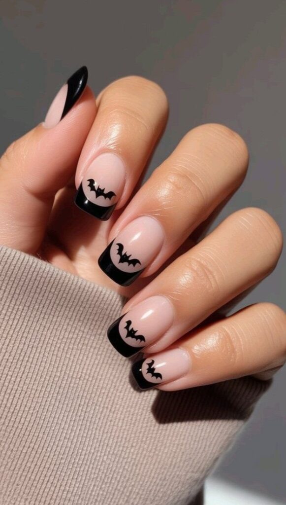 flying bats French tip black nails Halloween simple