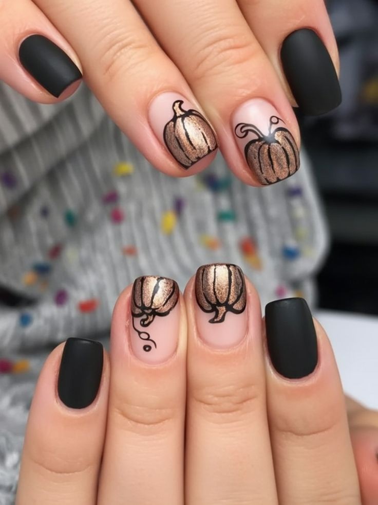 metallic pumpkin short Halloween nail ideas on matte black