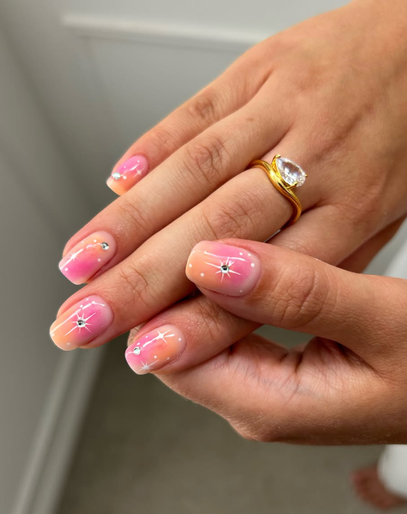 pink and orange summer nails silver gemstones for august nail inspiration - deepadesignstudio.com