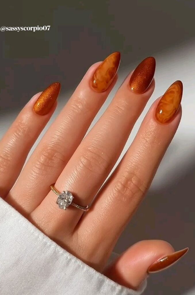 orange and brown marble nails