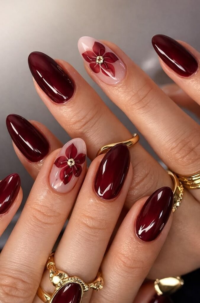 rich fall nails inspo - Maroon floral nails
