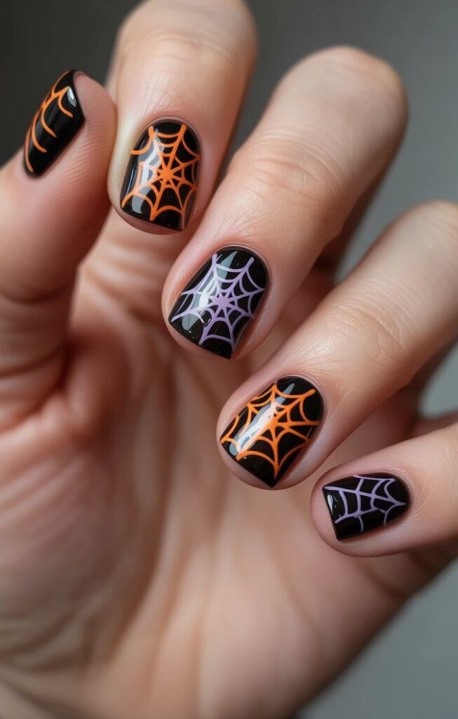 spiderwebs nails for Halloween short black nails