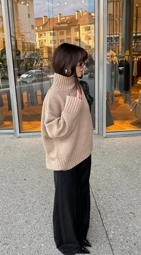 Autumn outfit neutral high neck sweater fall fashion