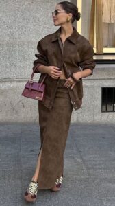 Suede long skirt with suede jacket autumn outfits