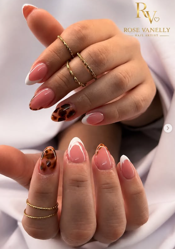 acrylic gel nails tortoiseshell brown pattern with white French tip nude base nail design