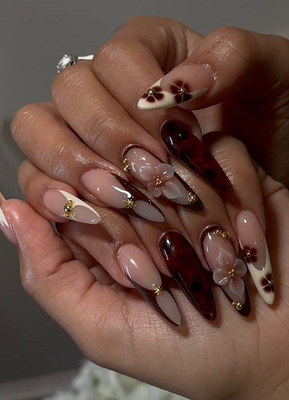 almond long nails chrome floral art nail design