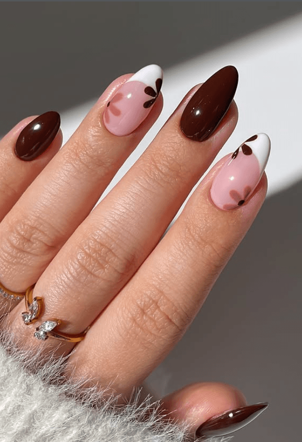 autumn nail inspo, mocha and white nails