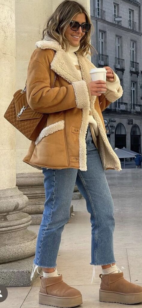 autumn style - faux leather warm fleece jacket - luxury fall outfit
