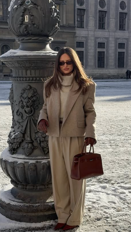 beige double breasted blazer with turtleneck woolen - winter old money outfit