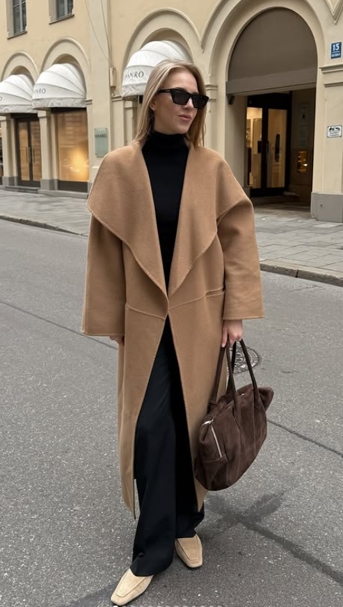 black and camel coat chic winter timeless suede outfit