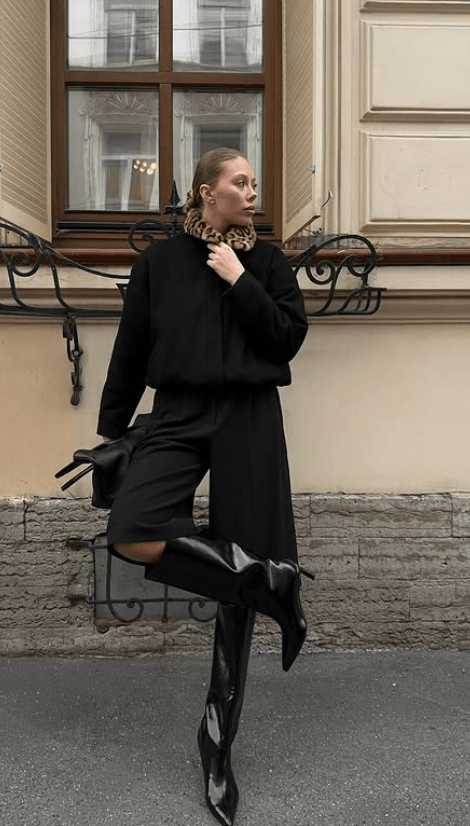 black monochrome early fall outfit, jacket with pant culotte