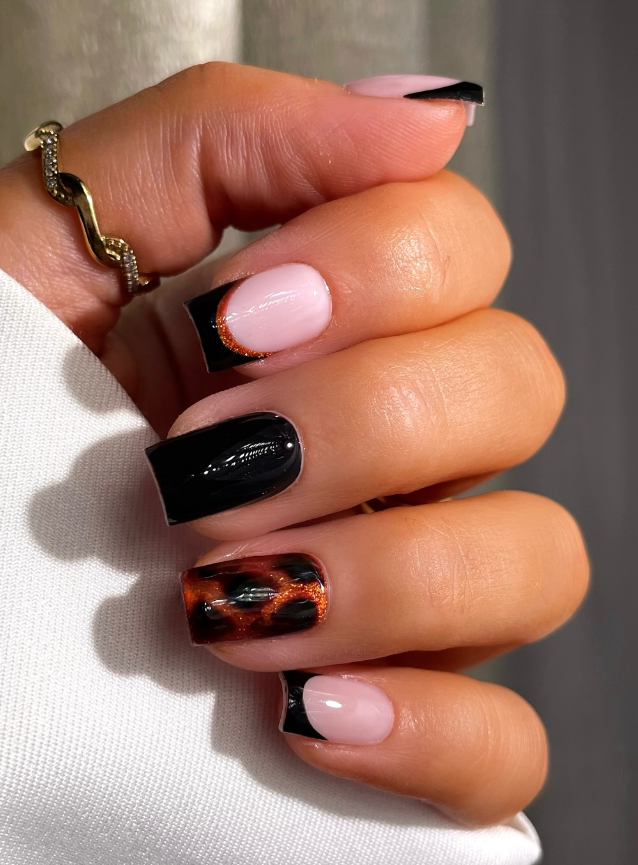 black tortie combo nails, black tortoiseshell gel nails
