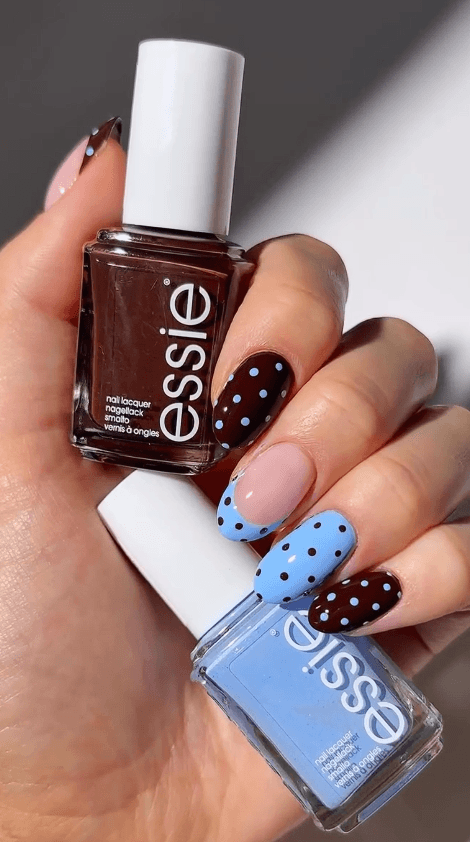 brown and blue polka dot nails