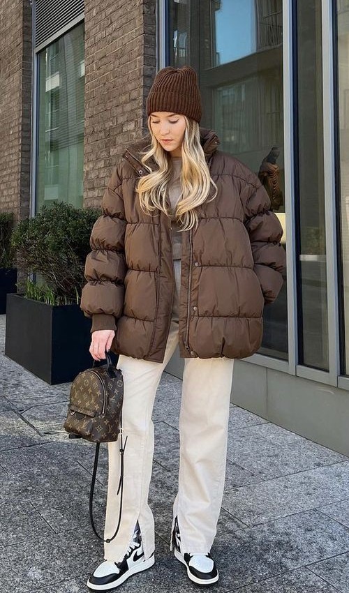 brown puffy jacket aesthetic style