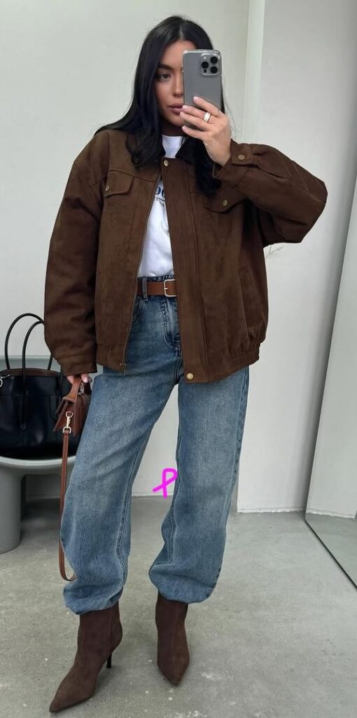 brown suede jacket outfit for fall