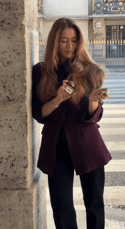 burgundy wool structured blazer with black pants for september outfits