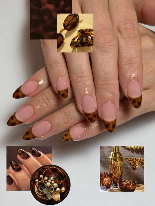 charcoal tortoiseshell French tips manicure clear base nails