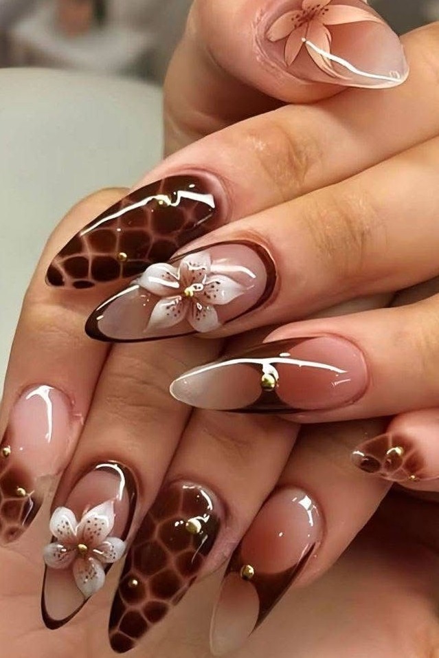 chic brown chrome tortoiseshell nails