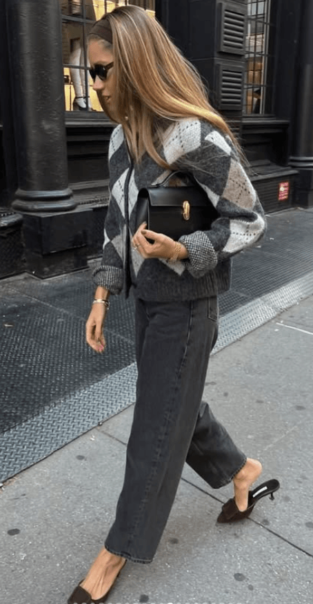 chic checkered short cardigan with washed black denim and kitten heels