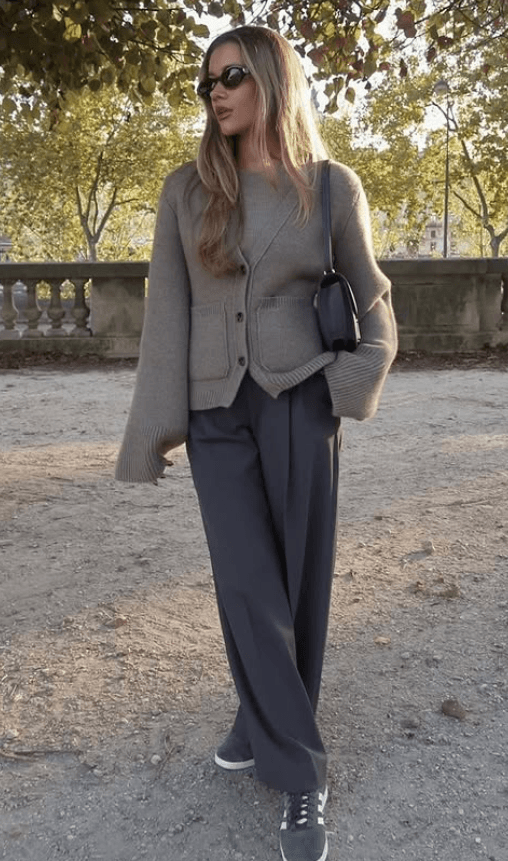chunky v neck buttoned cardigan with wide dress pants for september outfits fall style