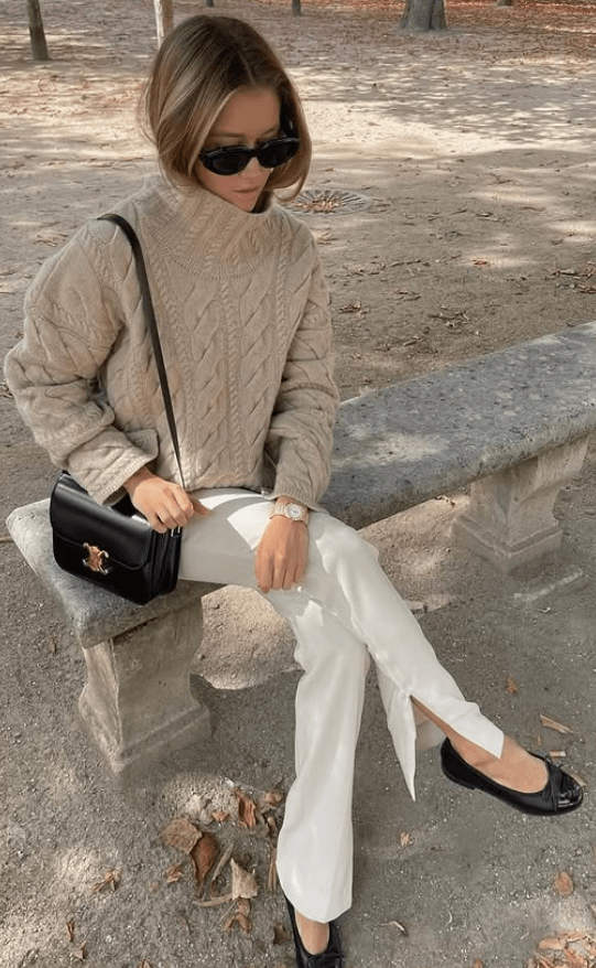 chunky woolen high neck sweater beige and ivory cigarette slit pants