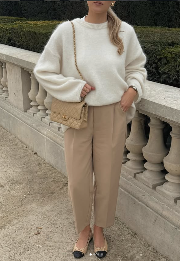cream cable knit sweater with khaki trouser fall winter outfit style