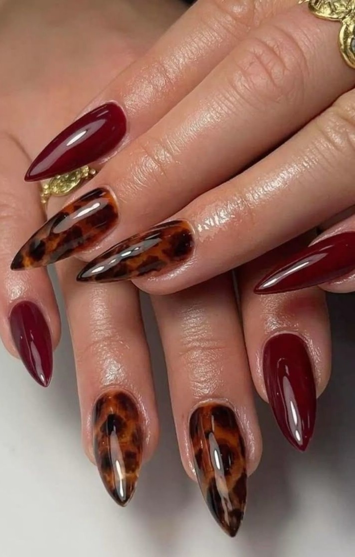 dark winter burgundy nails with Tortoiseshell brown nail designs