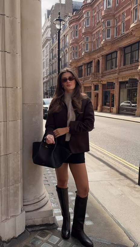 fall brown jacket layered cardigan , short skirt with long boots elegant winter outfit