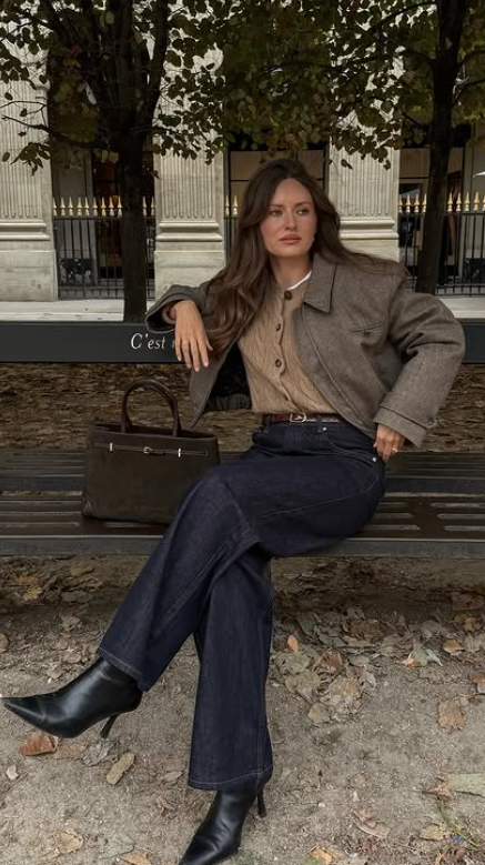 fall classy jacket on wool cardigan and denim jeans