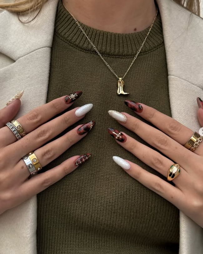 fall tones white chrome nails