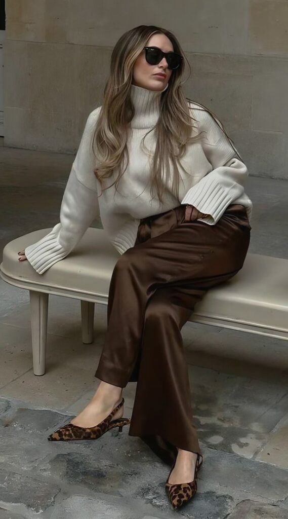 fall turtleneck pullover with brown pants silent luxury