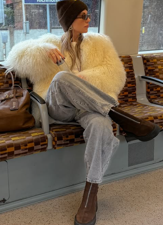 fall winter faux fur coat with washed jean, suede boots