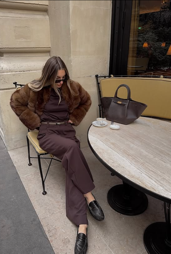 fall winter outfit fur jacket trouser loafer fashion