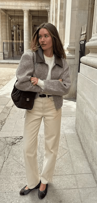 fall wool short jacket and cream trouser, september outfits