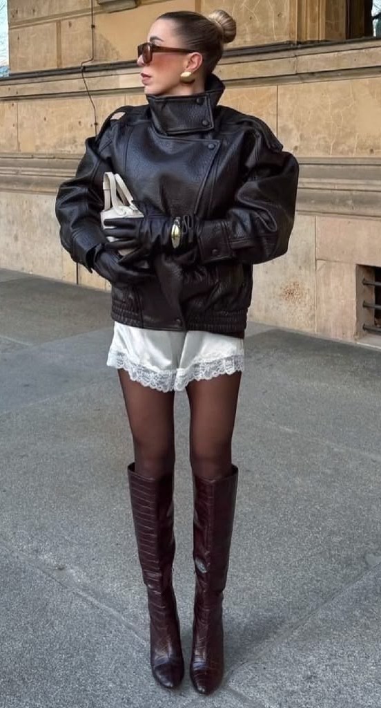 funnel neck jacket with silk lace short and long boots