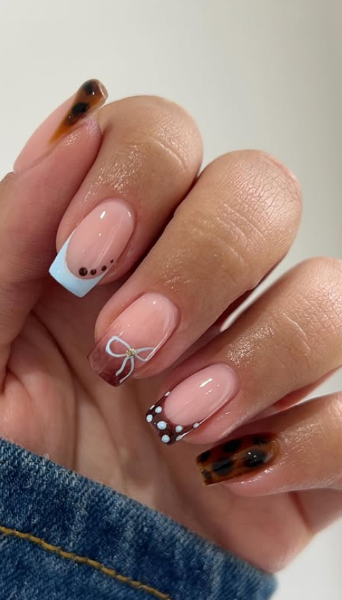 glass chocolate denim bow art nails