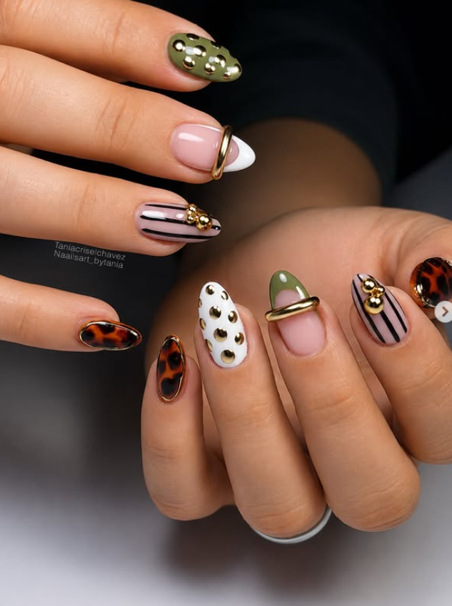 jeweled brown Tortoise shell nails with stripe pattern and gold 3d press
