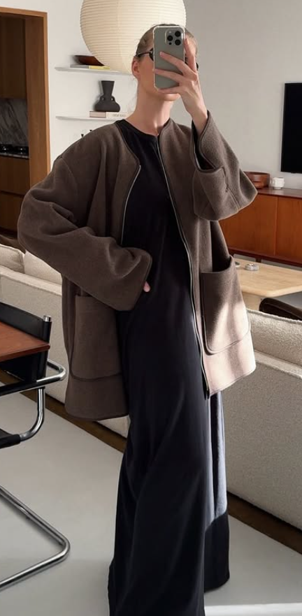 long dress with wool coat for fall casual style
