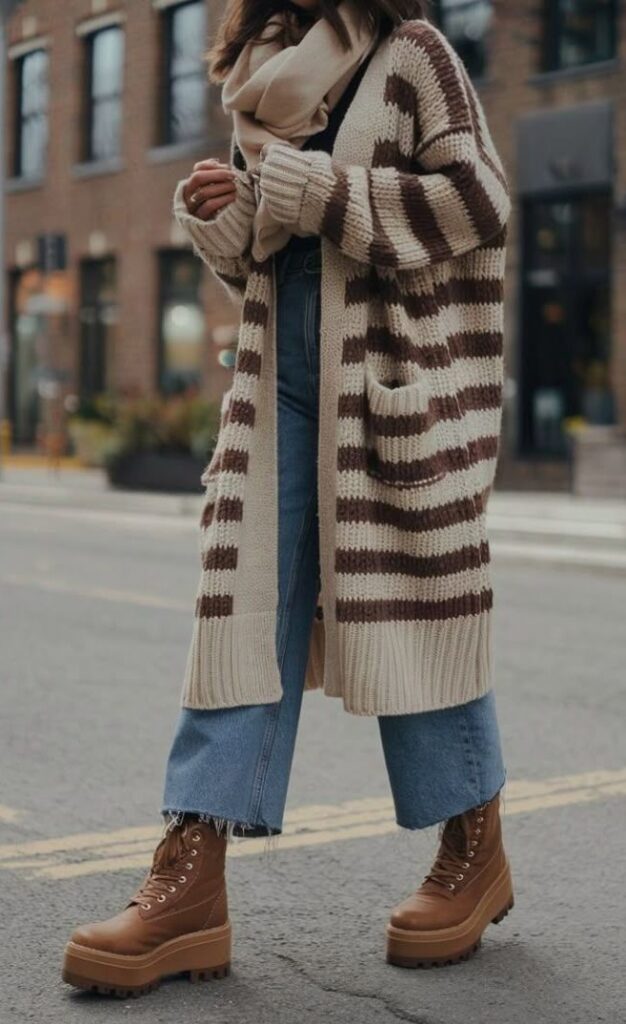 long knits cardigan fall sweater with ankle boots