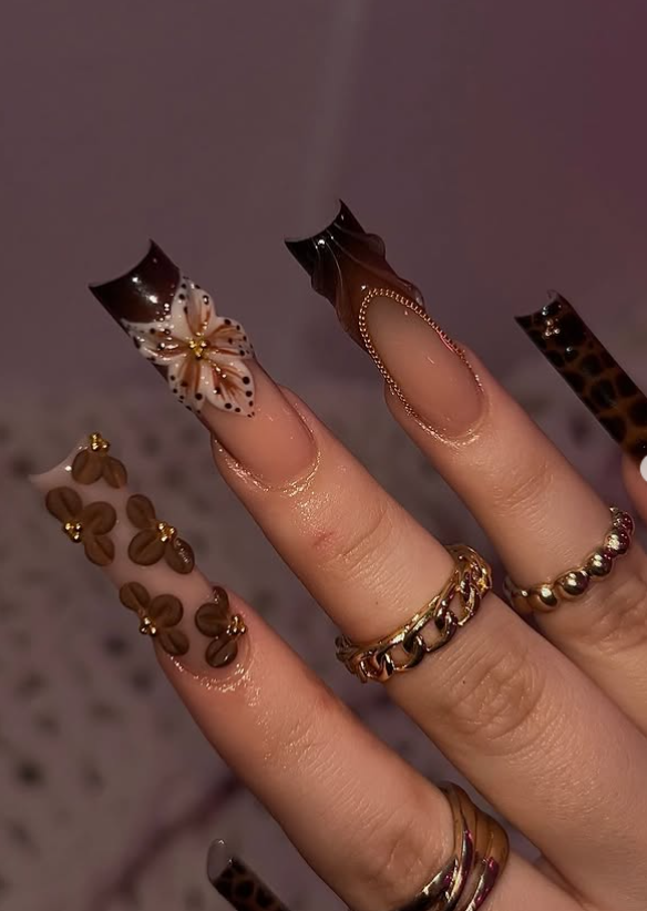 long square stiletto fall tortoise nails gold embellish