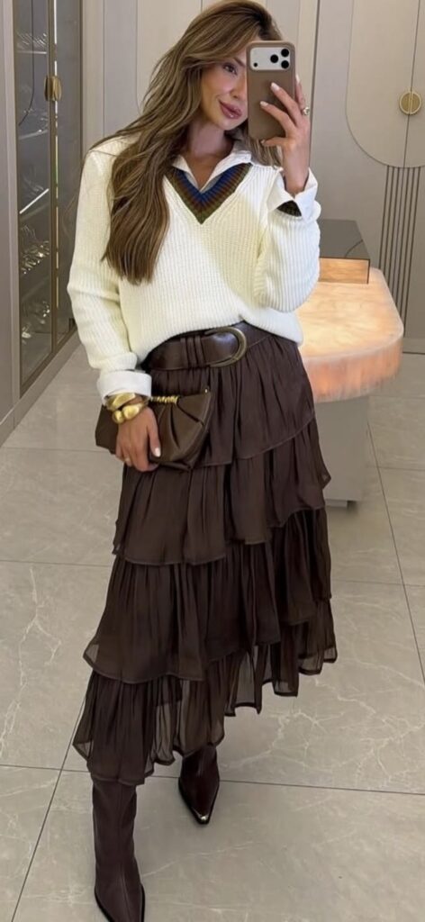 luxury fall outfit - cream sweater with brown midi skirt