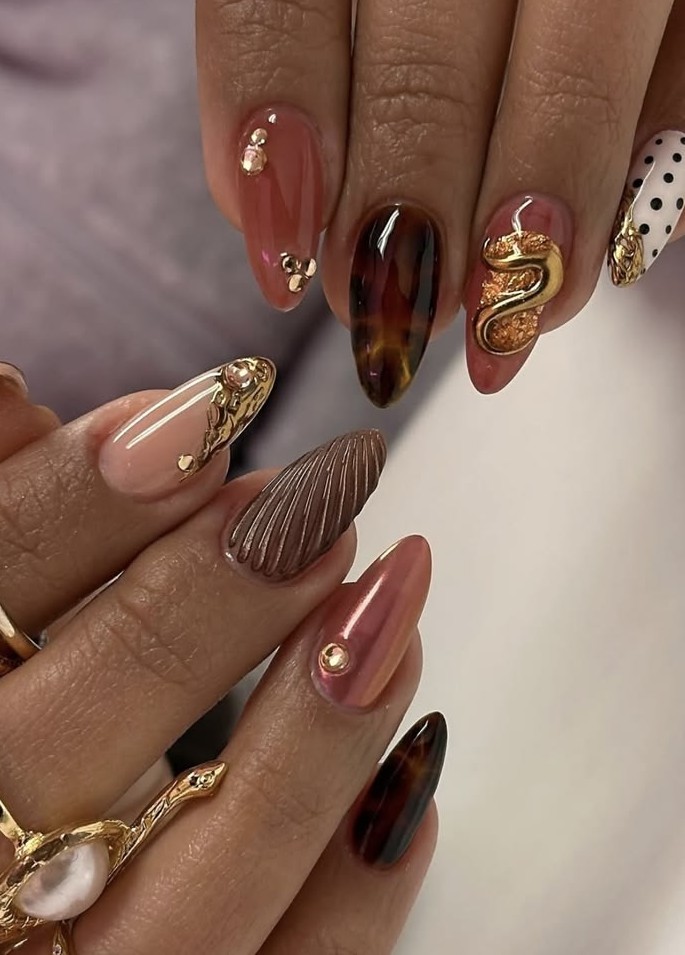 metallic brown, blush and gold accent nail art