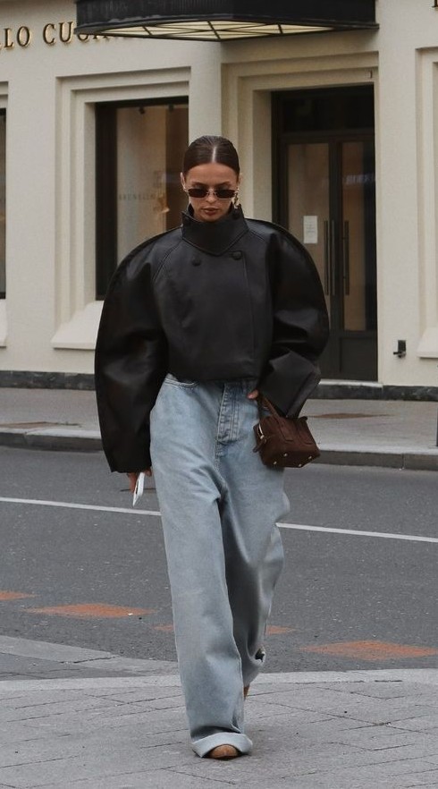 monochrome neck jacket biker leather cropped coat