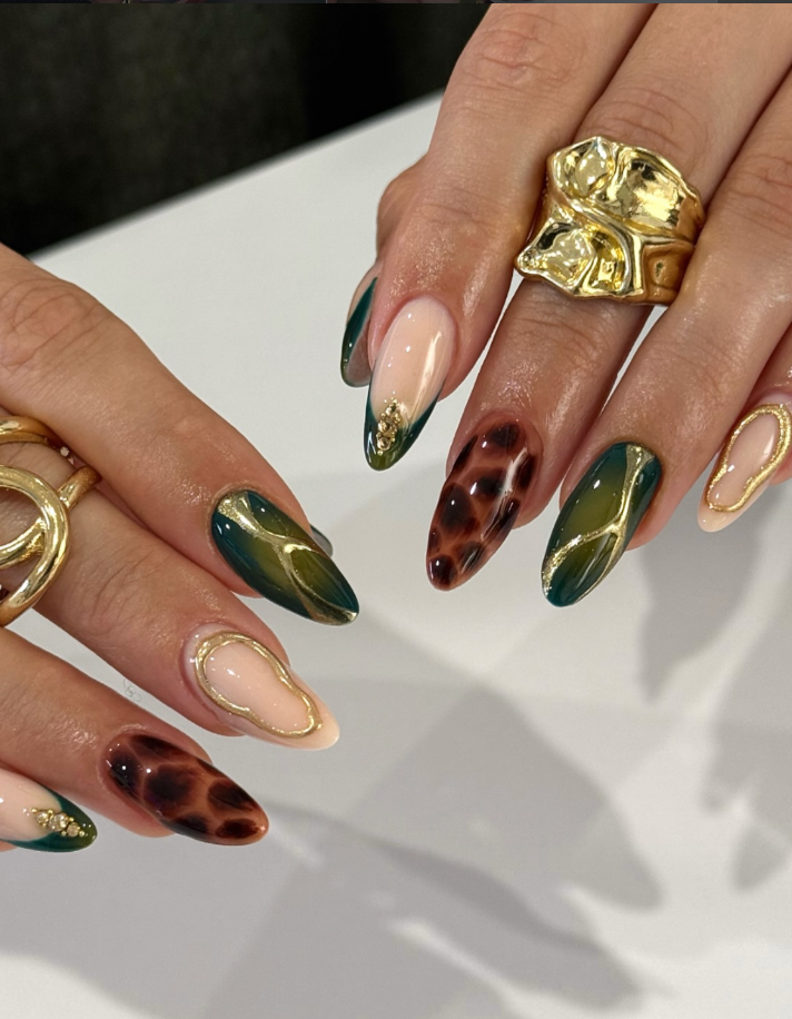 olive nails abstract print with tortoiseshell gold details