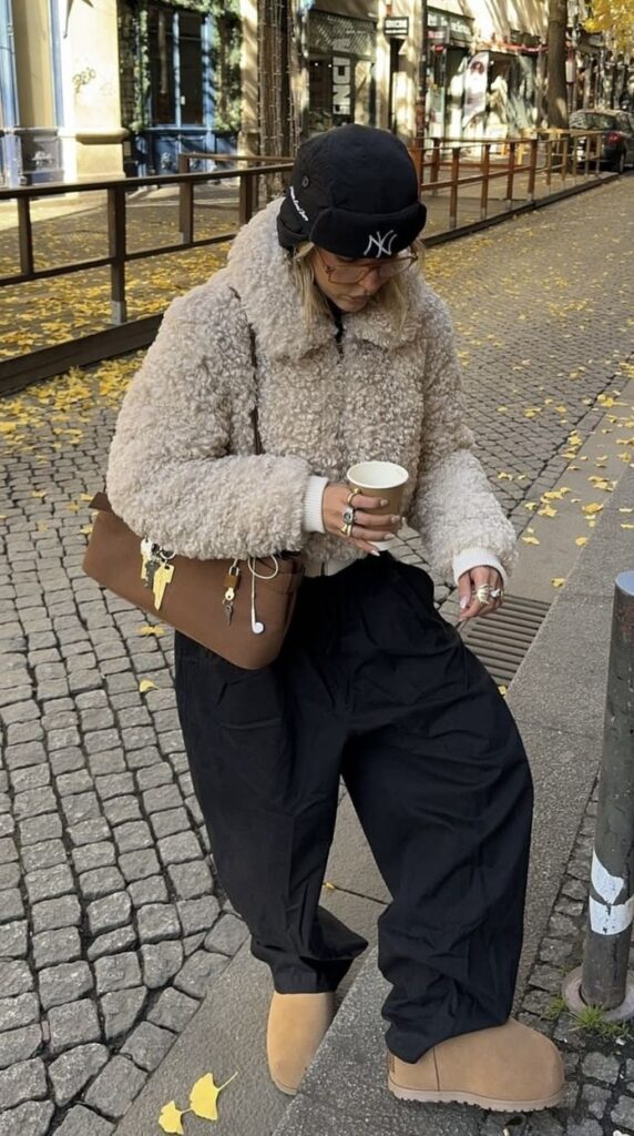 oversized fuzzy jacket with comfy cargo pants