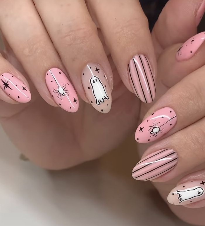pink stripe nails for Halloween