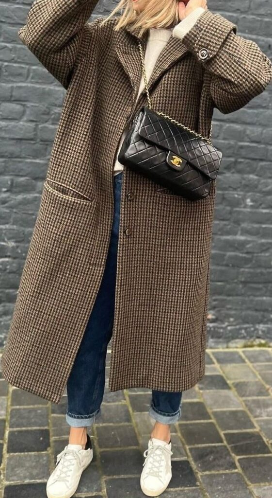 plaid long coat with layers for autumn october outfit