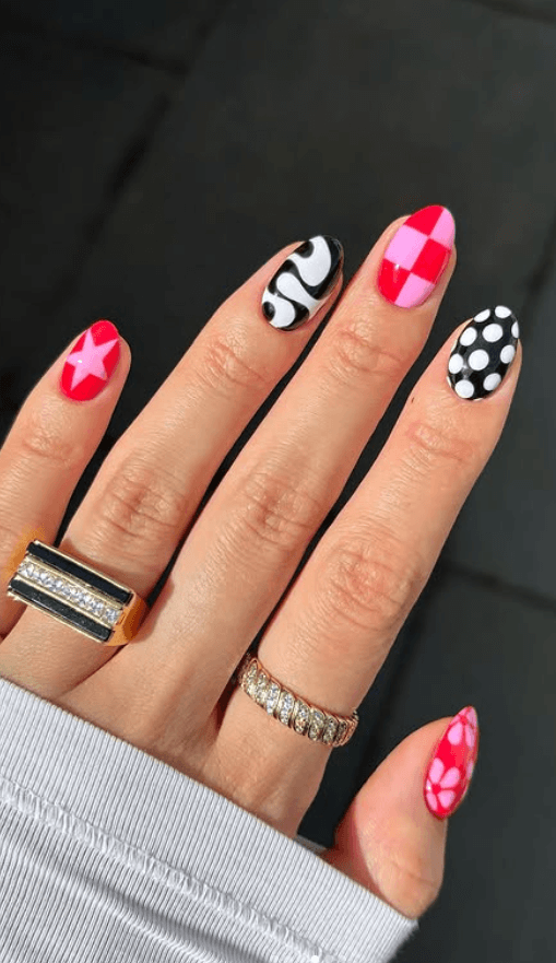 red and pink checkered nails