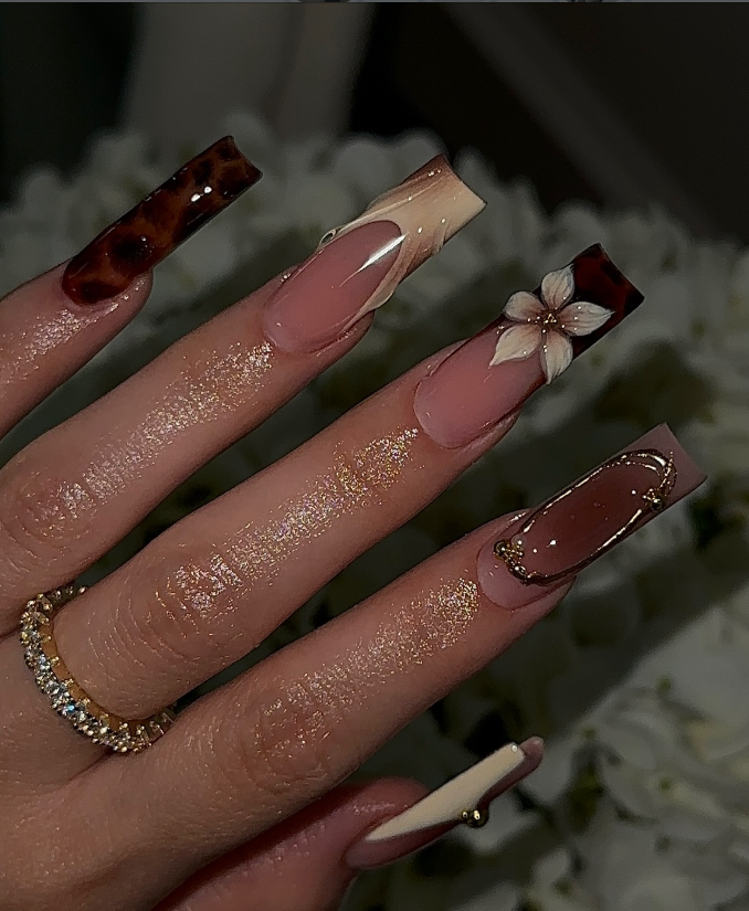stunning fall long square stiletto nail brown chrome